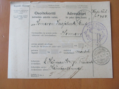 1922 Hämeenlinna Suojeluskunnan vapaapakettikortti