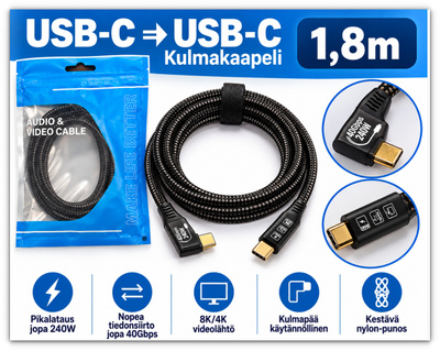 USB-C Thunderbolt 4 kulmakaapeli 40Gbps 240W 8K /1,8m #32141
