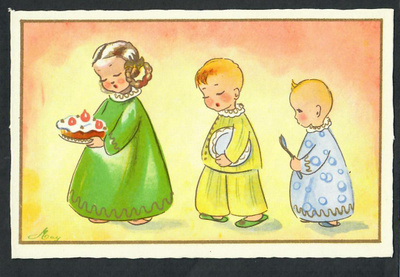 Lapsi - Lapset ja synttärikakku - Kortti 1940-50-luvulta