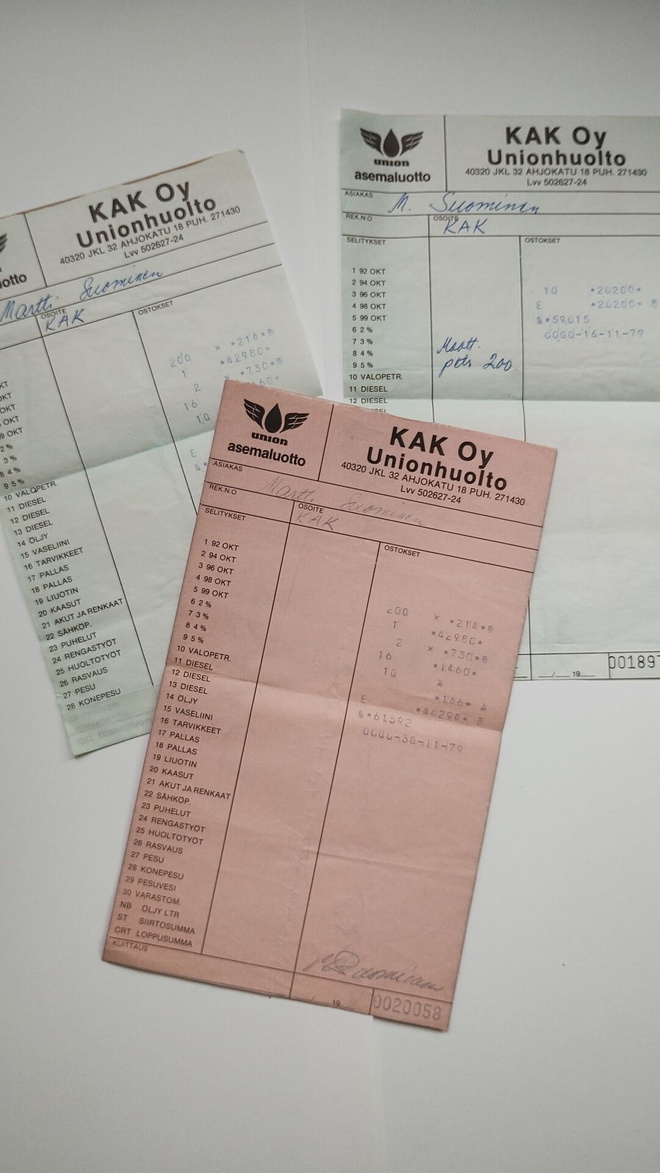 KAK Oy Unionhuolto Jyväskylä -KUITTI V.1979