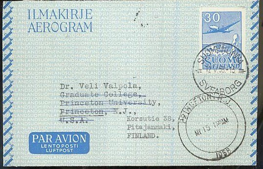 M54 1956 30 (mk) ilmakirje USAhan ja palautettu