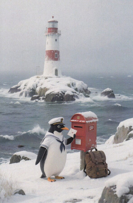 Pingviini postittaa kirjettä