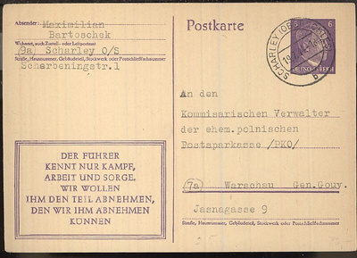 Saksa 6 Pfg Hitler ehiökortti Varsovaan