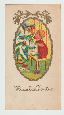 Tyttö koristelee joulukuusta (7x13,5 cm) (R)