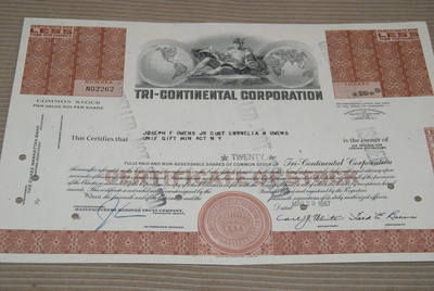 Osakekirja Yhdysvallat Tri-Continental Corporation 1967