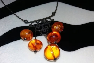 Vintage Emaloitu hopea meripihka Amber riipus kaulakoru