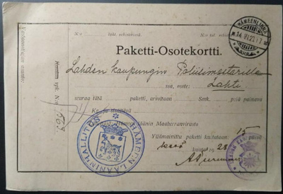 Maaherranviraston pakettikortti Hämeenlinnasta 1928