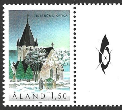 Ål 1989 Finströmin kirkk 1,50 mk välilöpari logo ** LaPe 037