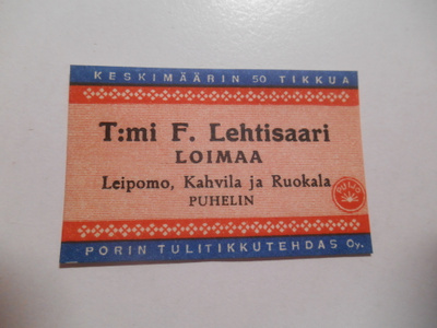 TT Etiketti Puijo T:mi F.Lehtisaari Loimaa
