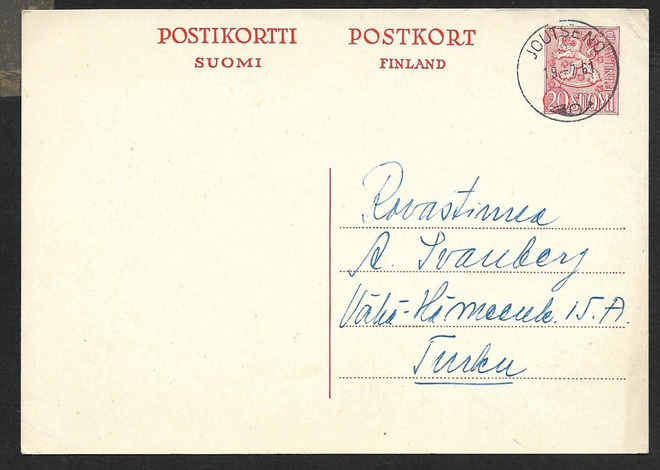Postilähetys - Ehiö 20mk (LAPE 117) Joutseno 19.7.1961