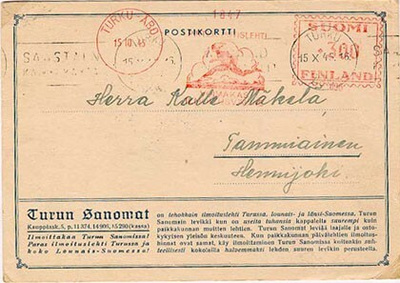 1945 3mk Turun Sanomien frank.leima ja kortti