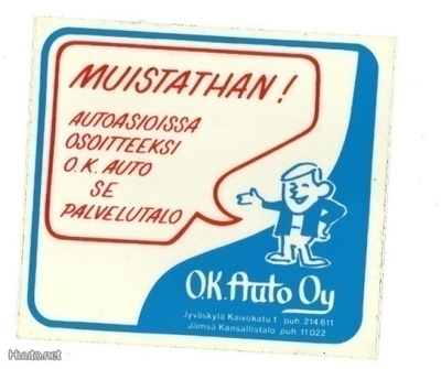 Toyota O.K. Auto Oy Jyväskylä/Jämsä -tarra 80-luvun alusta