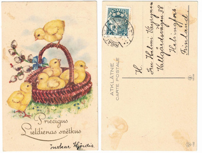 Vanha kortti, tipuperhe korissa ja pajunkissoja, v. 1939