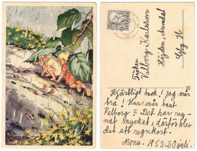 Vanha kortti, lapset suojassa sateelta, vuodelta 1953