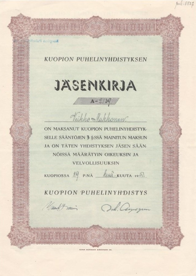 OKK 1951 Kuopion Puhelinyhdistys, Kuopio jäsenkirja