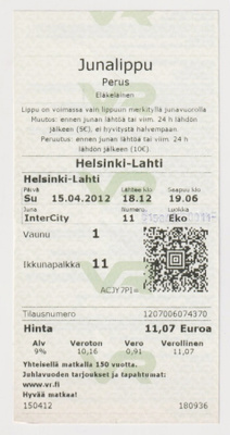 Junalippu vuodelta 2012 (Helsinki - Lahti)