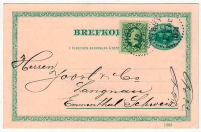Ruotsi 1906 ehiökortti lisämerkillä Sveitsiin