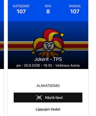 Jokerit-TPS 4kpl lippuja EDULLISESTI (ovh 268€)