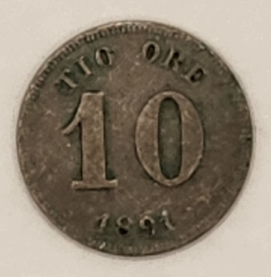 Ruotsi 10 Äyrin Kolikko 1891