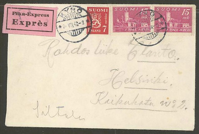 1945 15mk Olavinlinna ym pikakirje Kyrö -48