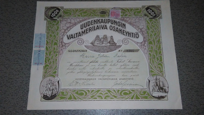 Uusikaupunki Valtamerilaiva Oy Osakekirja 1919 ALE !
