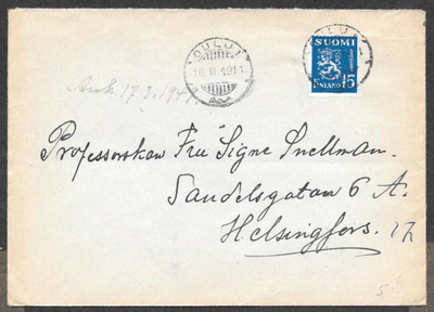 Postilähetys - Yl.m. 15mk (LAPE 352) Oulu 16.3.1949