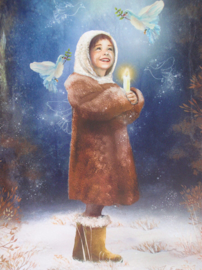 Iris Esther "Light of hope" tyttö ja kyyhkyset