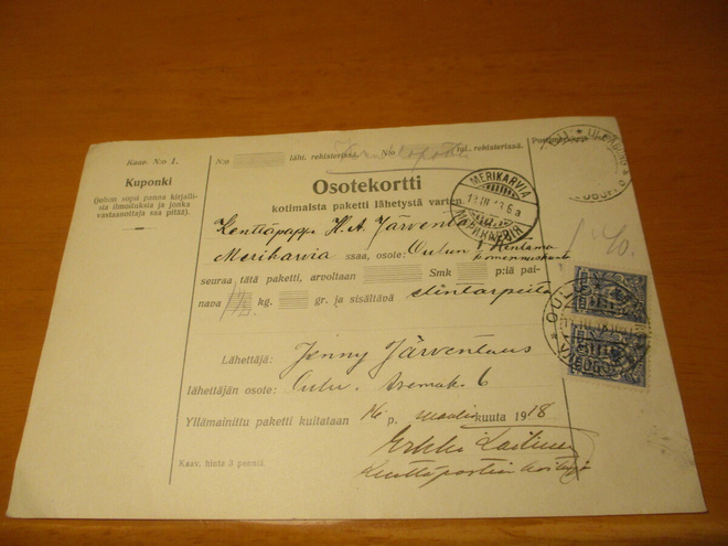 1918 Kenttäpostipakettikortti os Arvi Järventaus