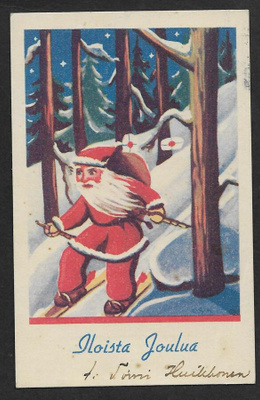 Joulupukki hiihtää metsässä