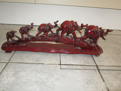VINTAGE RED GLAZED ELEPHANTS ON BRIDGE , 48 cm & n 2,2 KG