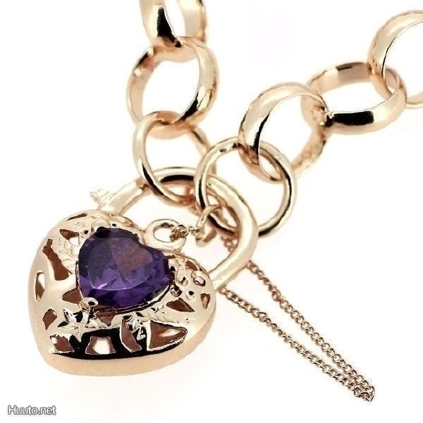 2410 .. 18k Kulta Duble Lukko Heart Ametisti .. Rannekoru