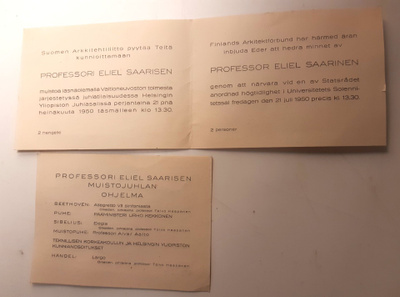 Kutsukortti Eliel Saarisen muistotilaisuuteen 1950