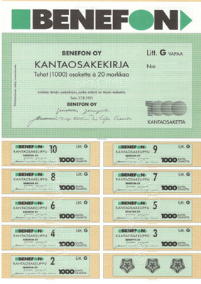OKK osakekirja Benefon KANTAosake 27.8.1991 Salo