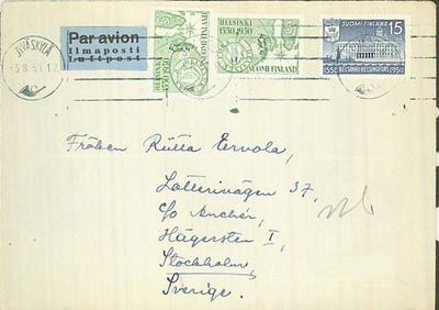 1950 Helsinki 5mk ja 10mk lentokirje Ruotsiin