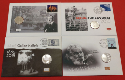 4 x 10 € Hopeaa: Wirkkala, Sisu, Gallen-Kallela, Sibelius.