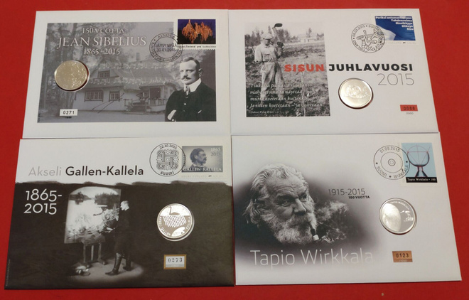 4 x 10 € Hopeaa: Wirkkala, Sisu, Gallen-Kallela, Sibelius.