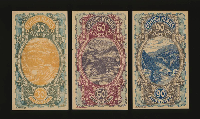 Itävalta Notgeld 30, 60 90 Heller, Klaus 3. painos