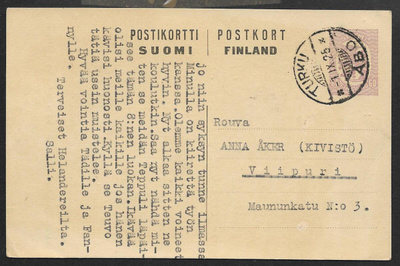 Postilähetys - Ehiö 60p 1917 (LAPE 53) Turku 1.9.1925