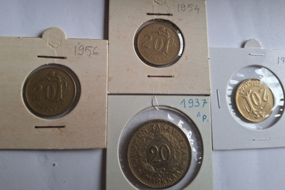 20mk kolikot, 1937, 1954, 1956,1957.