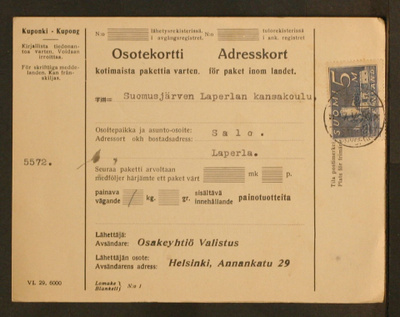 # 23796 # Osoitekortti Helsinki > Suomusjärvi - 1930