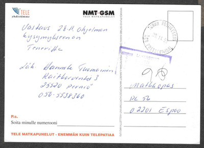 Postilähetys - lunastusleima / Turun postikeskus 30.11.99