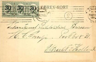 1921 30/10 p 3-rivilö postikortti Hollantiin