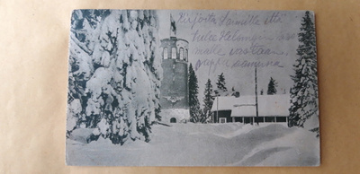 Vanha postikortti Puijon torni, kulkenut 1929, talvimaisema