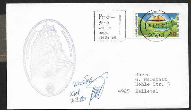 Postilähetys - BRD - Kiel 1980 + laivaleima Kruzenshtern