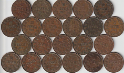 10 penniä 1865-1917, 22 eri vuotta