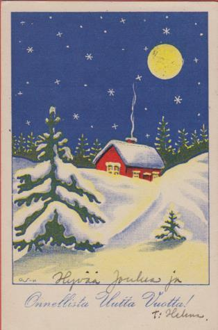 Orvo Sundelin Punainen mökki talvimaisemassa