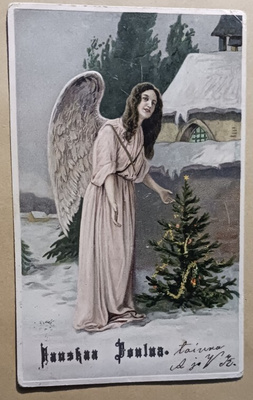 Enkeli joulukuusen ääressä, kirkko takana, p. 1911